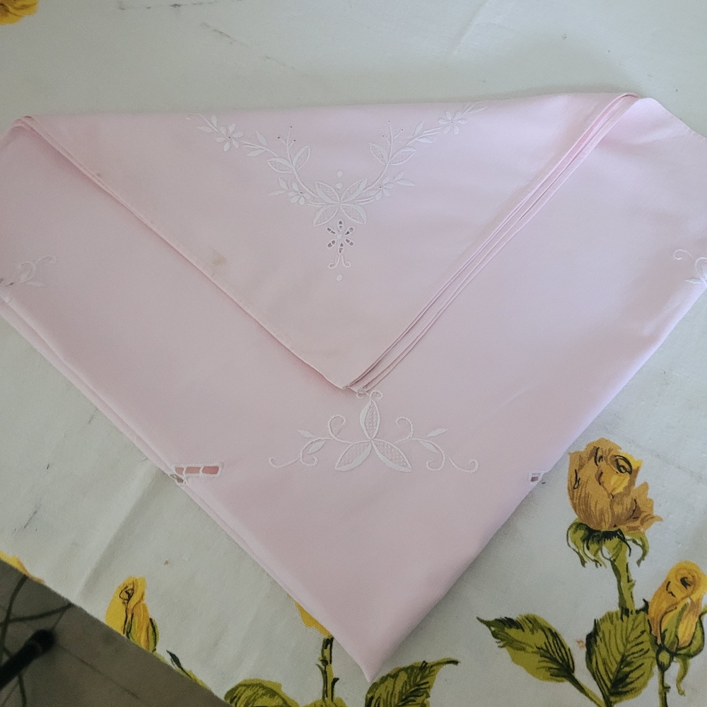 Vintage Light Pink Embroidered Table Cloth 30" Square As Is